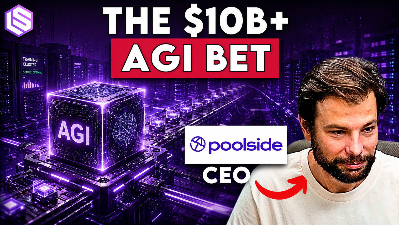 Latent Space episode cover showing Eiso Kant beside a purple AI training factory and the text “The $10B+ AGI Bet,” with Poolside branding.