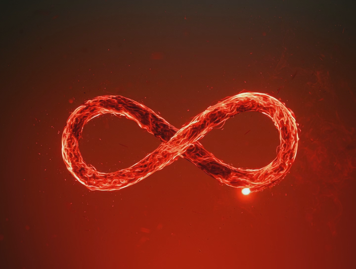 Símbolo de infinito hecho de fuego, representando el ciclo continuo de un agente de IA